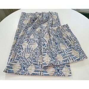 Vintage 1970s curtains, blue white abstract print, pair of pleated panels